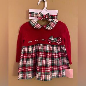 Shabby Chic Red & Plaid Infant Dress With Matching Headband